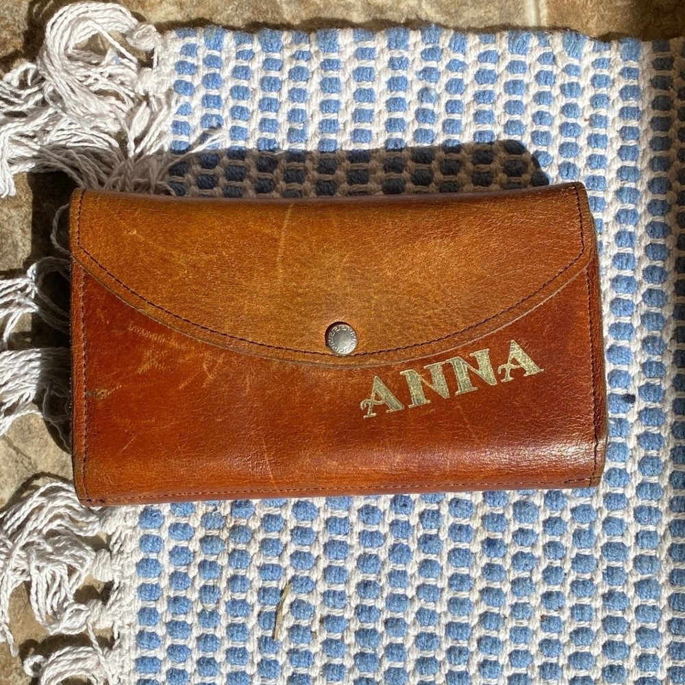 Vintage Brown Leather Trifold Wallet Coin Pouch Western Boho Anna Stencil Folk